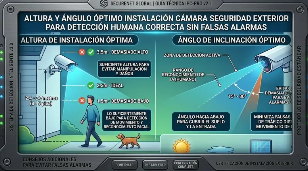 Altura y ángulo óptimo instalación cámara seguridad exterior para detección humana correcta sin falsas alarmas