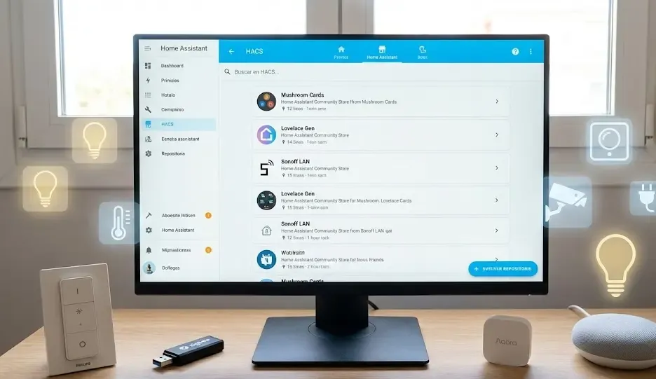 Pantalla de ordenador mostrando el panel de control de HACS en Home Assistant rodeado de iconos de smart home