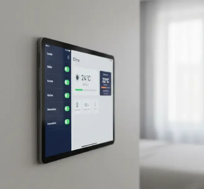 Tablet instalada en pared con dashboard de Home Assistant mostrando luces y clima