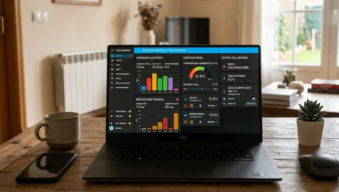Pantalla de un portátil mostrando un panel de control de Home Assistant (dashboard) con gráficos de consumo y controles de temperatura para un sistema de aerotermia doméstico.