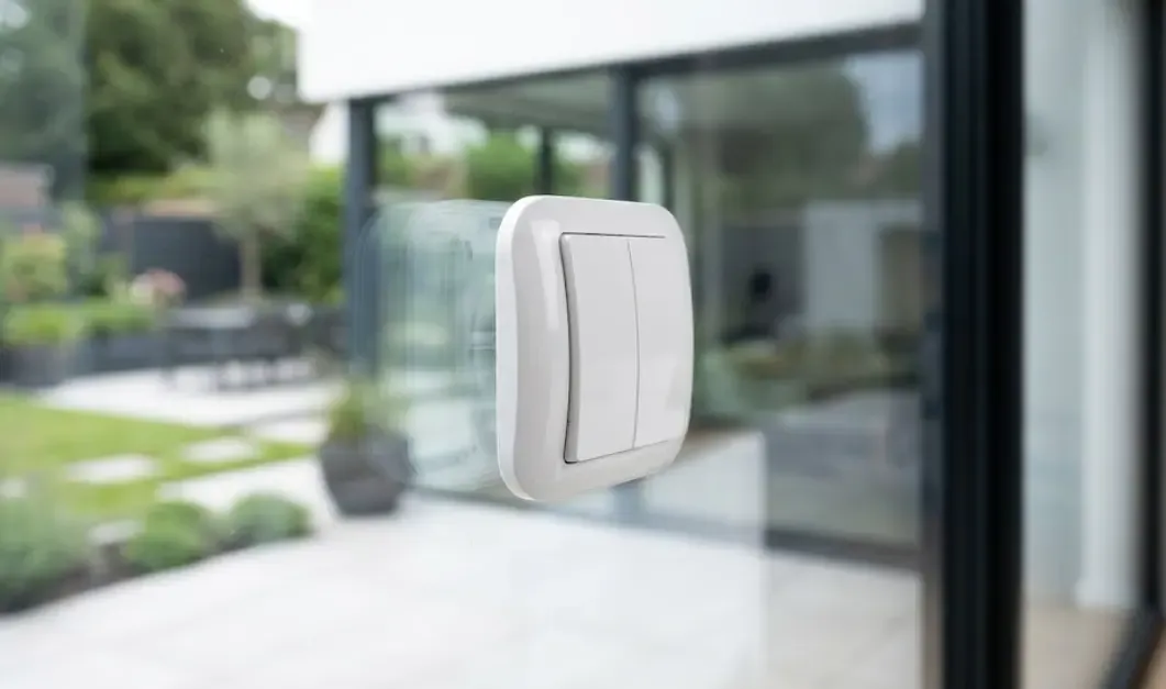 Primer plano de un interruptor blanco EnOcean montado directamente sobre el cristal de un ventanal moderno, sin ningún cable visible ni caja de registro detrás.