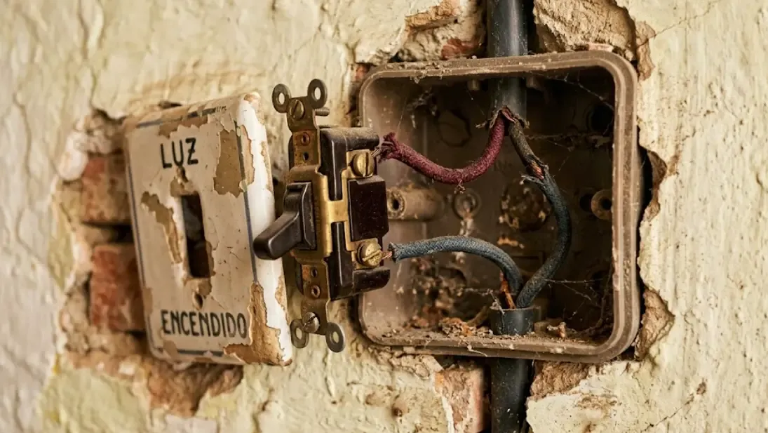 Caja de interruptor con cables fase y retorno, sin neutro, típica de casas antiguas españolas