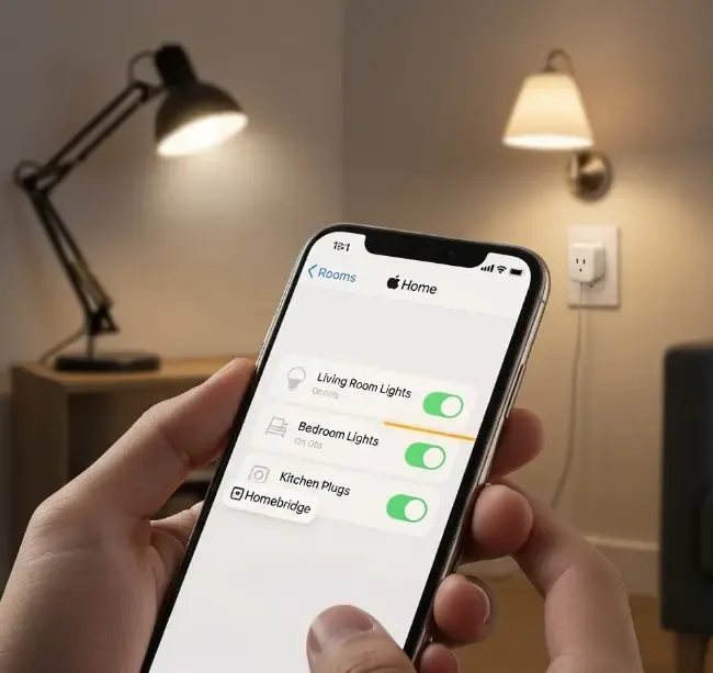 Persona sosteniendo un iPhone con la app Casa abierta, controlando luces y enchufes que funcionan gracias a Homebridge