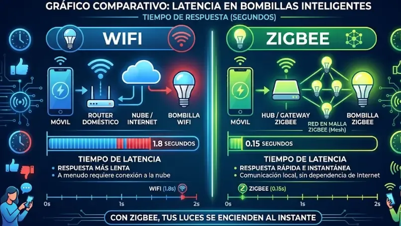 Gráfico comparativo latencia WiFi vs Zigbee: 1.8 segundos frente a 0.15 segundos en bombillas inteligentes