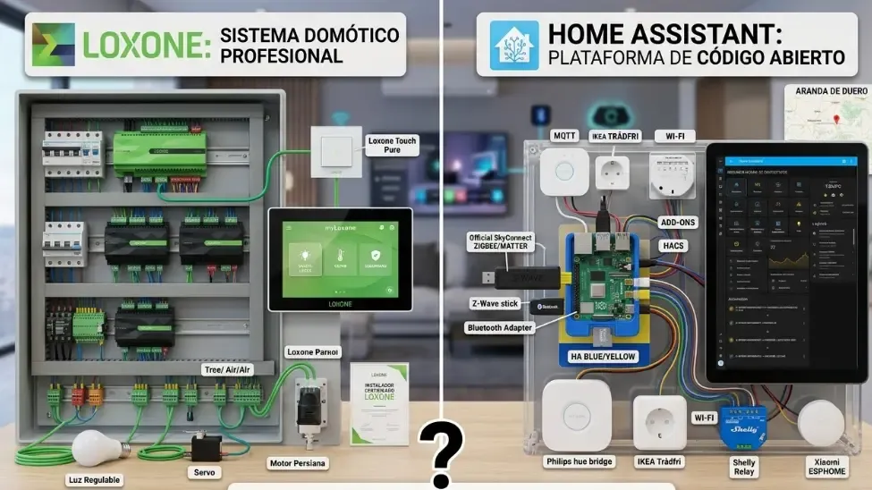 Comparativa visual entre el sistema domótico profesional Loxone y la plataforma de código abierto Home Assistant.