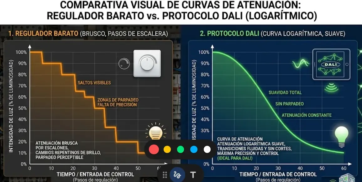 Comparativa visual de un gráfico de atenuación: una escalera brusca típica de reguladores baratos frente a una curva logarítmica suave representativa del protocolo DALI.