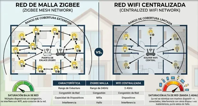 Diagrama red malla Zigbee vs red WiFi centralizada para bombillas inteligentes: diferencia de cobertura y saturación