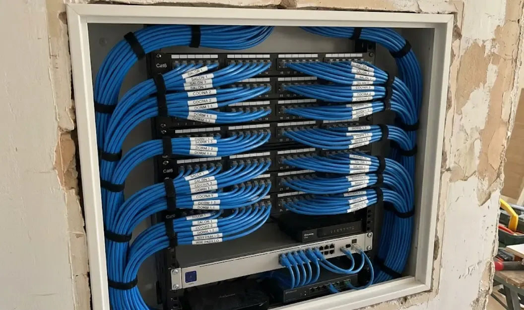 Cuadro de comunicaciones en una vivienda en reforma con decenas de cables Ethernet Cat6 de color azul perfectamente etiquetados y organizados.
