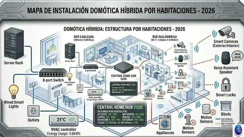 Mapa de instalación domótica híbrida por habitaciones