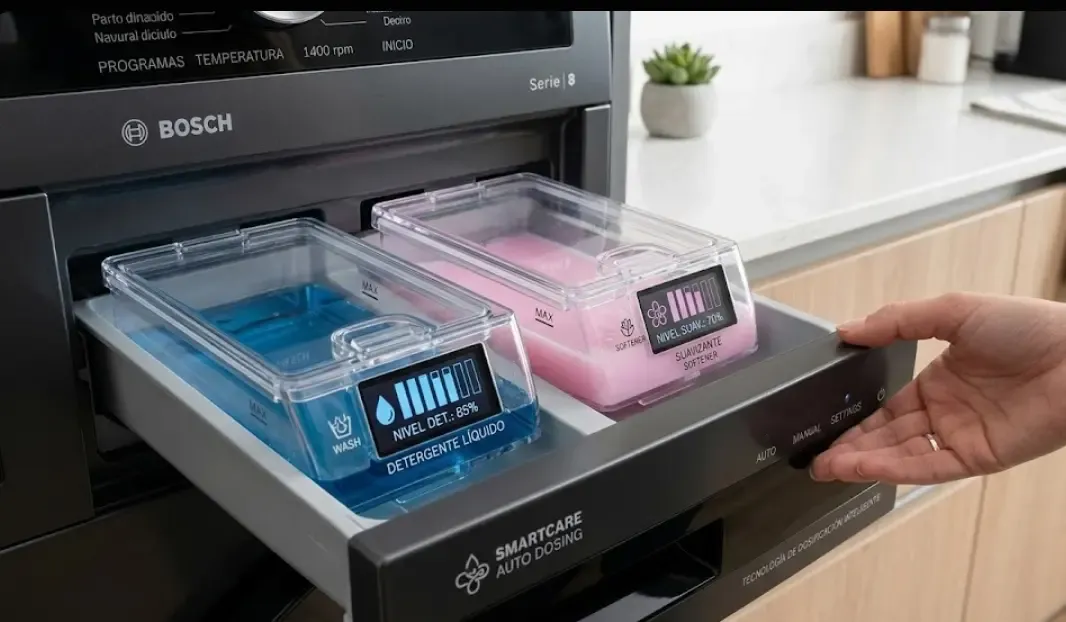 Primer plano del cajetín de una lavadora inteligente mostrando los depósitos gemelos para detergente y suavizante con indicadores de nivel digital.