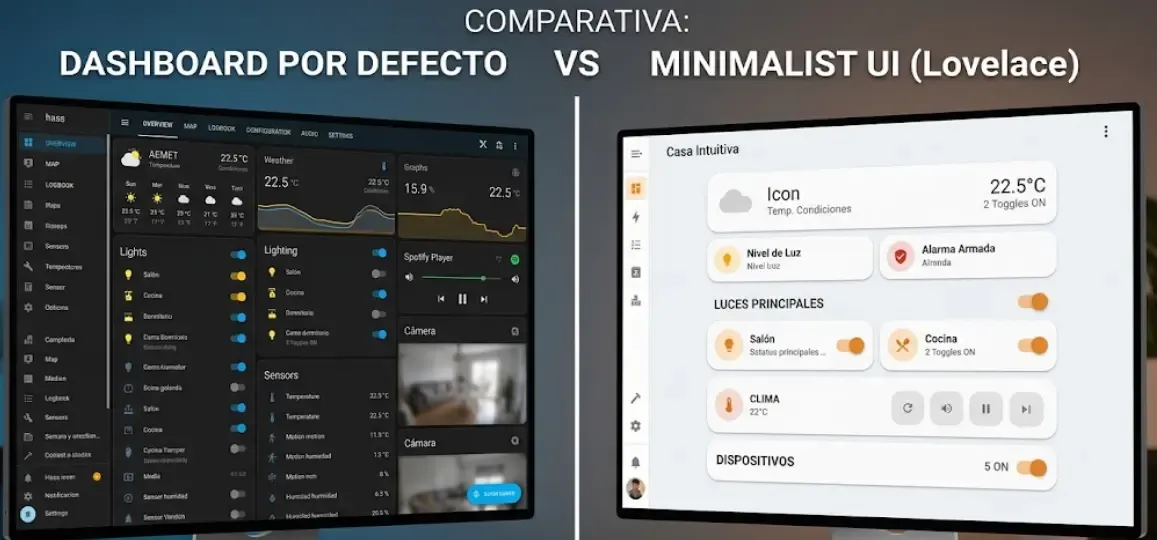 Comparativa dashboard por defecto vs Minimalist UI en Home Assistant