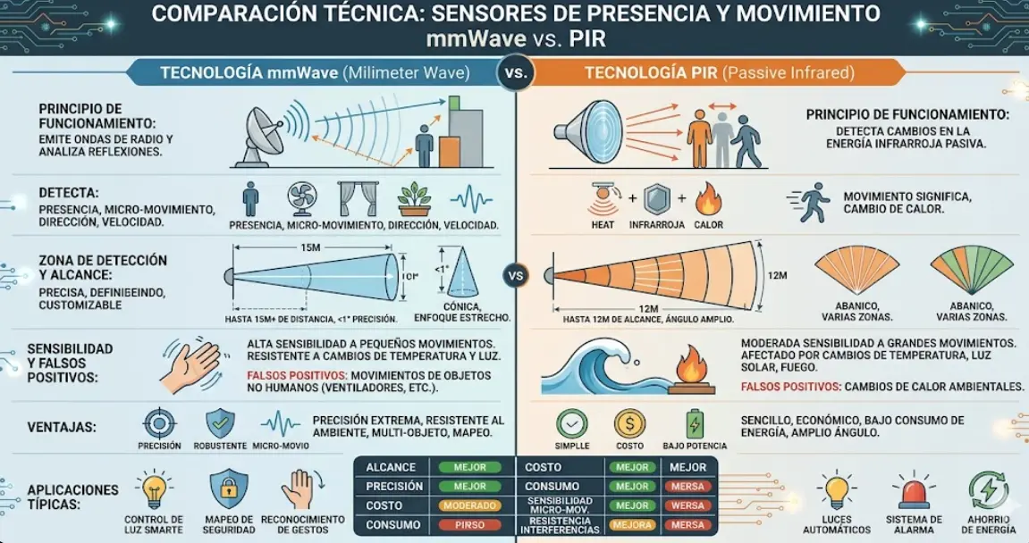 mmWave vs PIR: Diferencias REALES y cuál elegir en 2026 (con ejemplos)