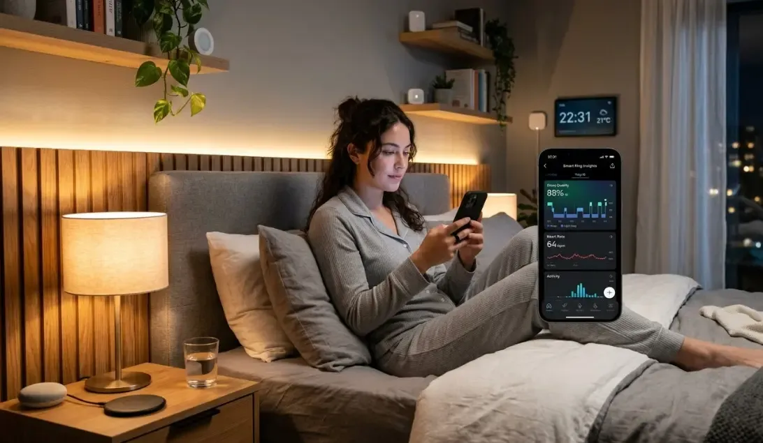 Dormitorio moderno con luz cálida donde un usuario revisa las métricas de su anillo inteligente en el smartphone, conectado a los sensores de la habitación.