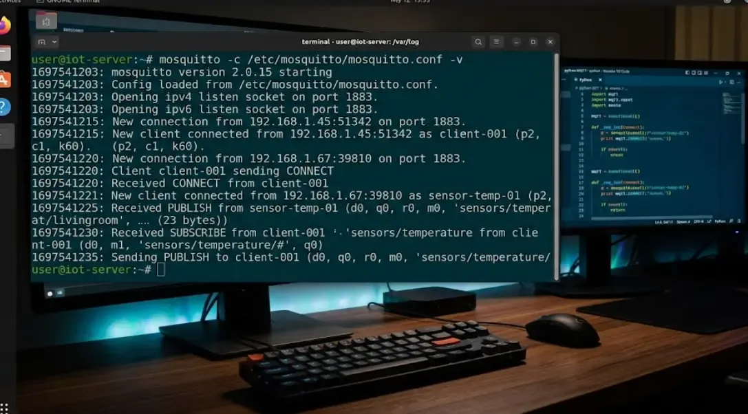 Captura de Mosquitto Broker corriendo en terminal con conexiones activas