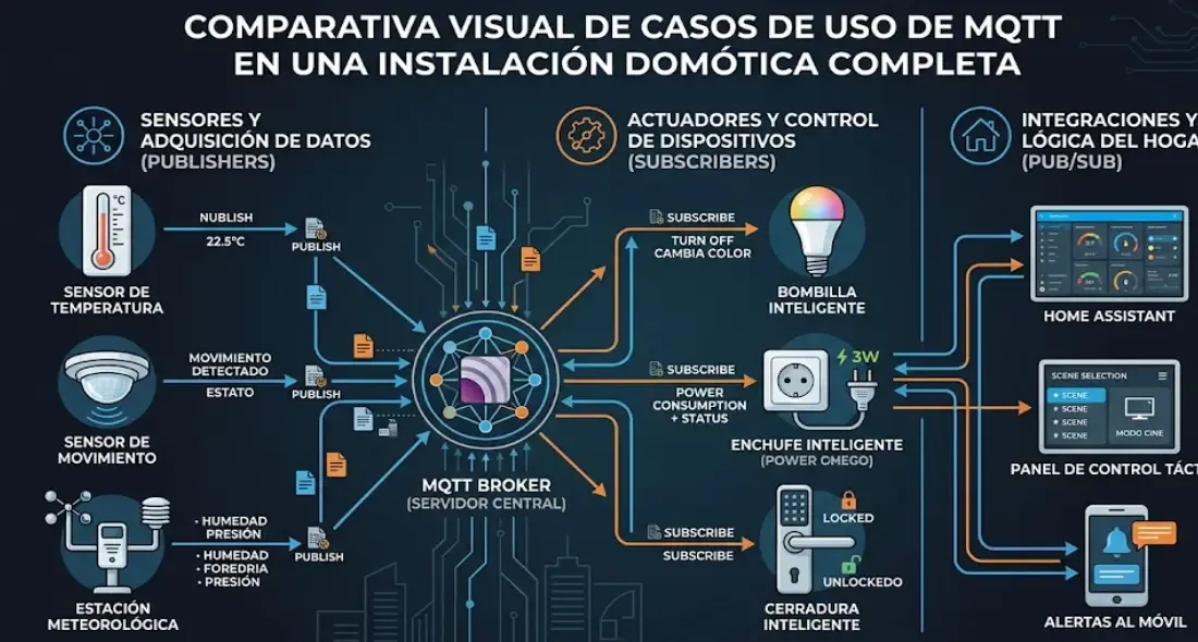 Comparativa visual de casos de uso de MQTT en una instalación domótica completa