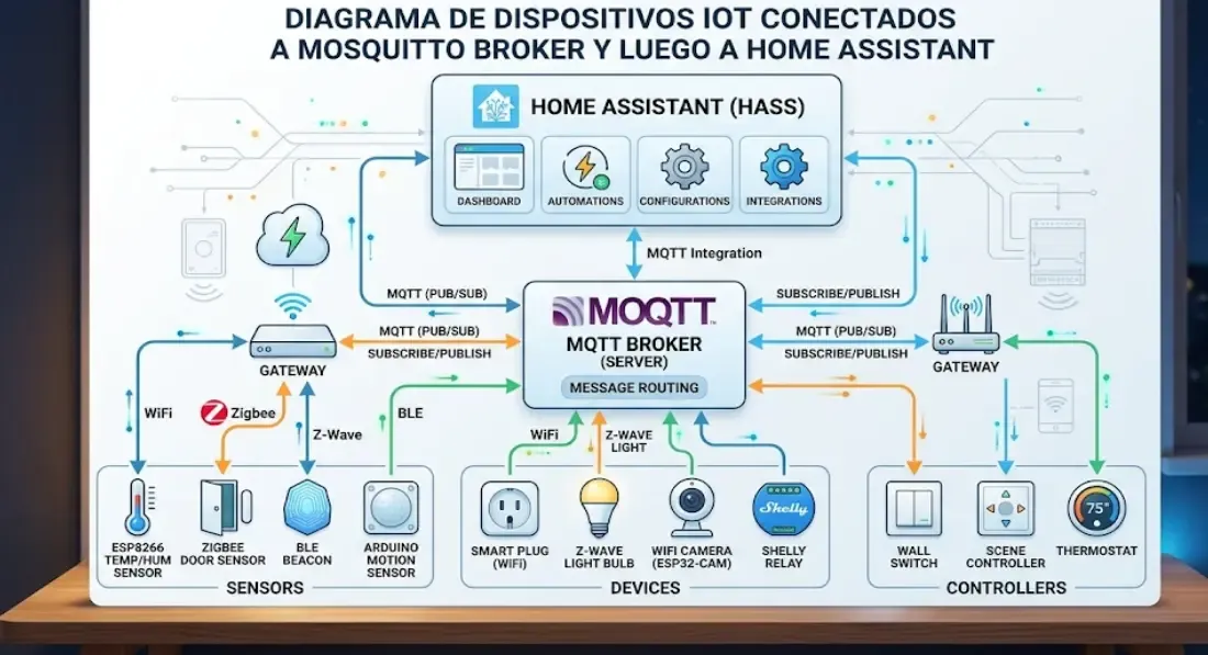 Diagrama de dispositivos IoT conectados a Mosquitto Broker y luego a Home Assistant