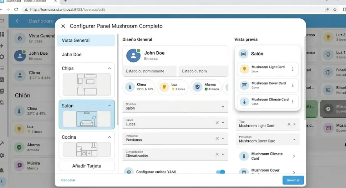 Mushroom Cards configuración completa con chips y tarjetas de habitaciones