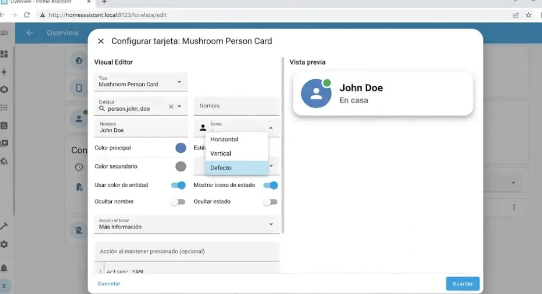 Editor visual de Mushroom Cards en Home Assistant