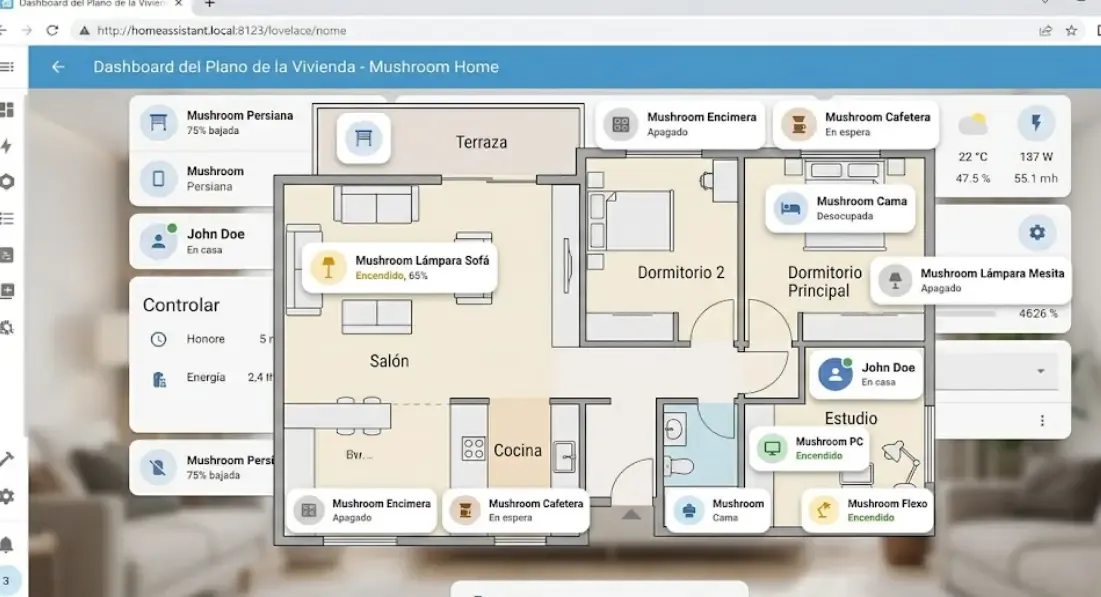Ejemplo de dashboard con plano de vivienda y Mushroom Cards