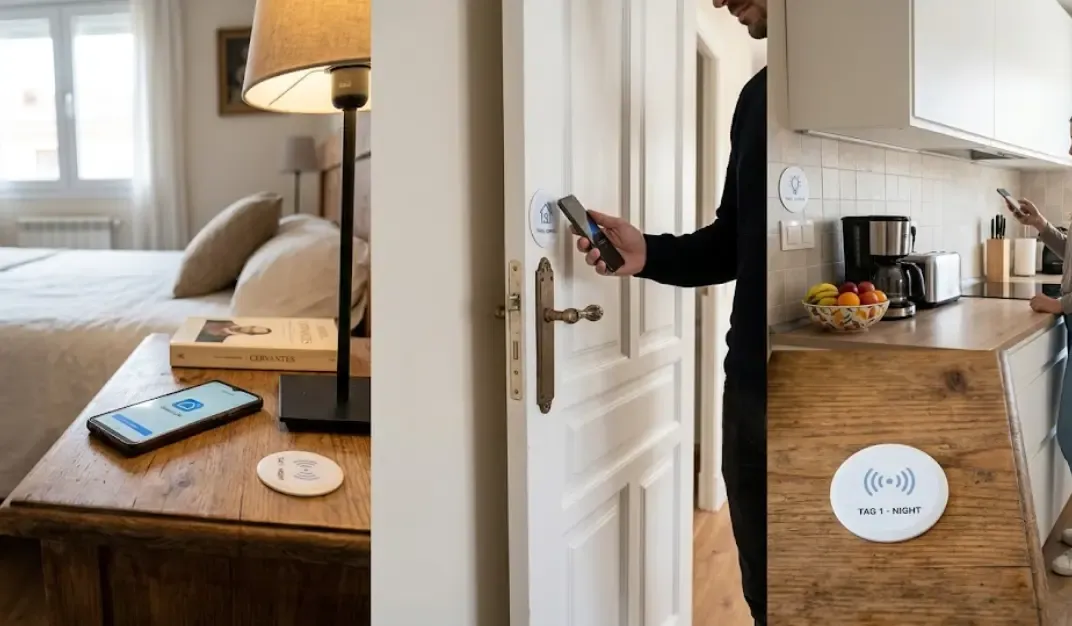 Etiquetas NFC en distintas ubicaciones del hogar: mesita, puerta, cocina