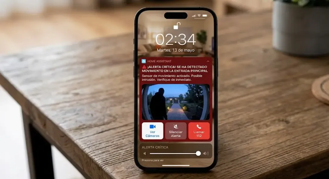 Ejemplo de notificación crítica en iPhone pantalla de bloqueo Home Assistant