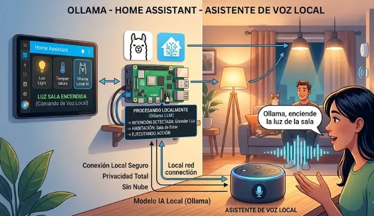 Esquema de conexión entre Home Assistant, Ollama y dispositivos de voz locales
