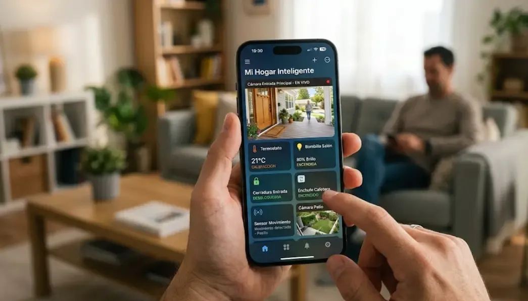 Panel de control en smartphone mostrando cámara de seguridad y dispositivos inteligentes del hogar conectados