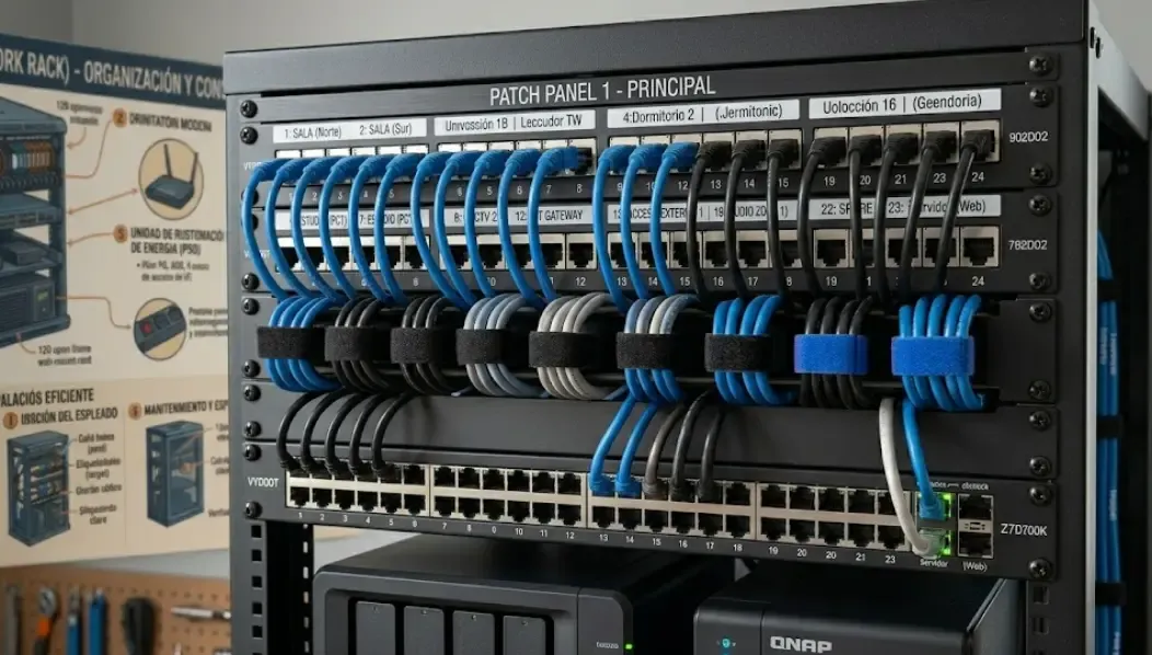 Patch panel de rack doméstico bien etiquetado