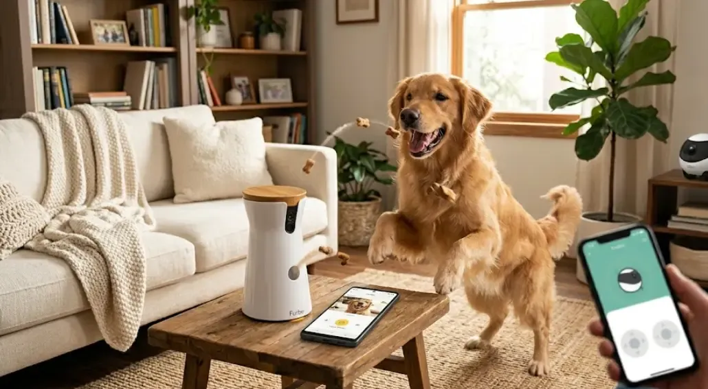 Perro jugando con cámara de premios en el salón