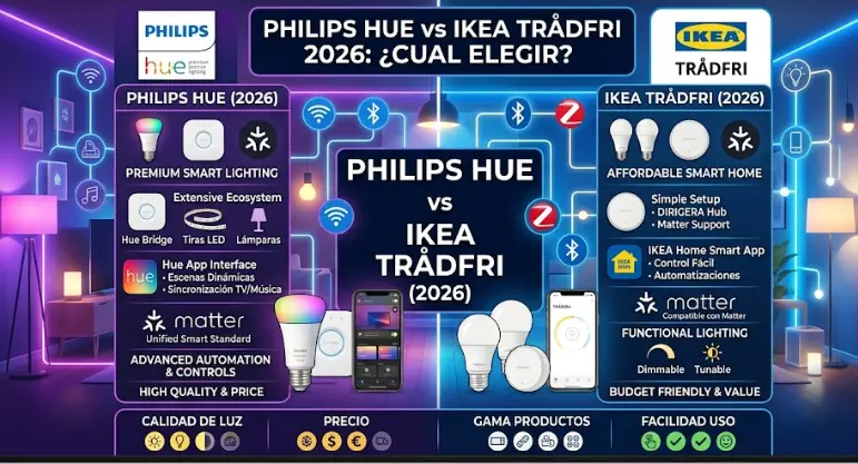 Philips Hue vs IKEA TRÅDFRI / KAJPLATS (2026): cuál merece la pena + comparativa real