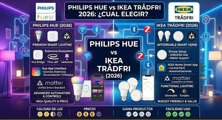 Comparativa Philips Hue vs IKEA bombillas inteligentes 2026
