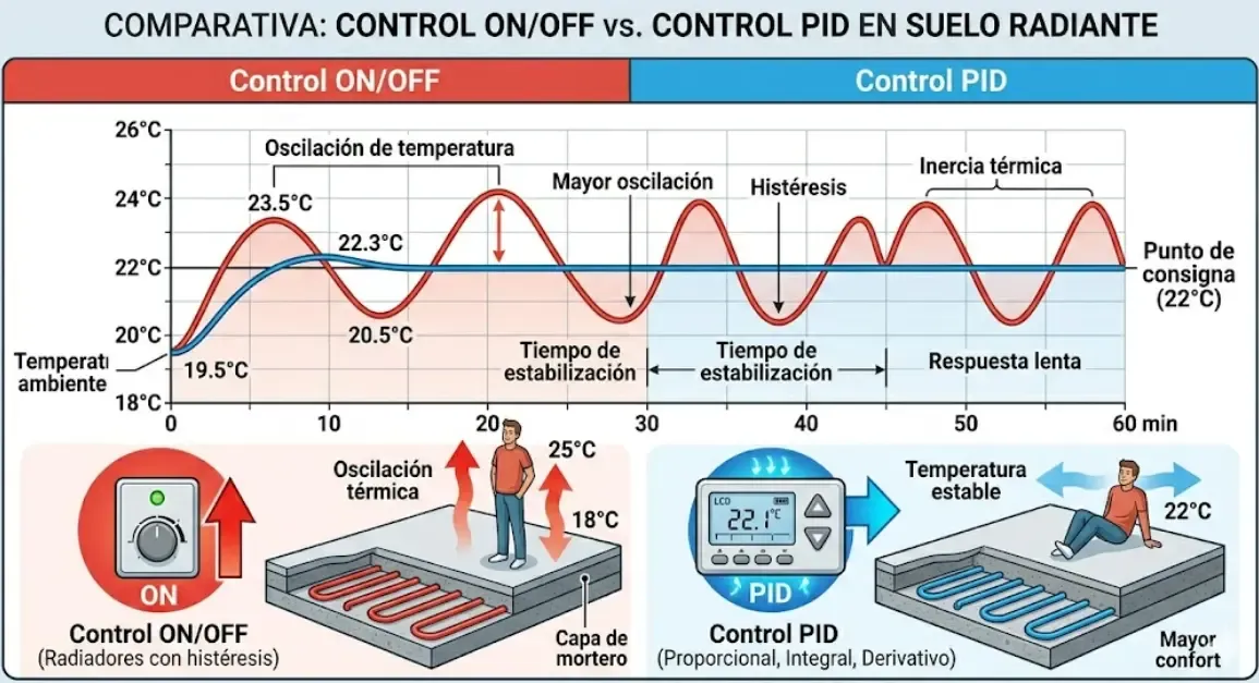 Gráfico comparativo de temperatura con control on/off vs control PID en suelo radiante
