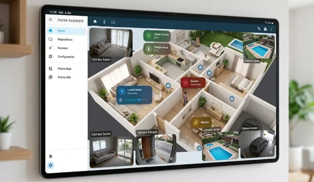 Plano 3D Home Assistant con Mushroom Cards y cámaras integradas