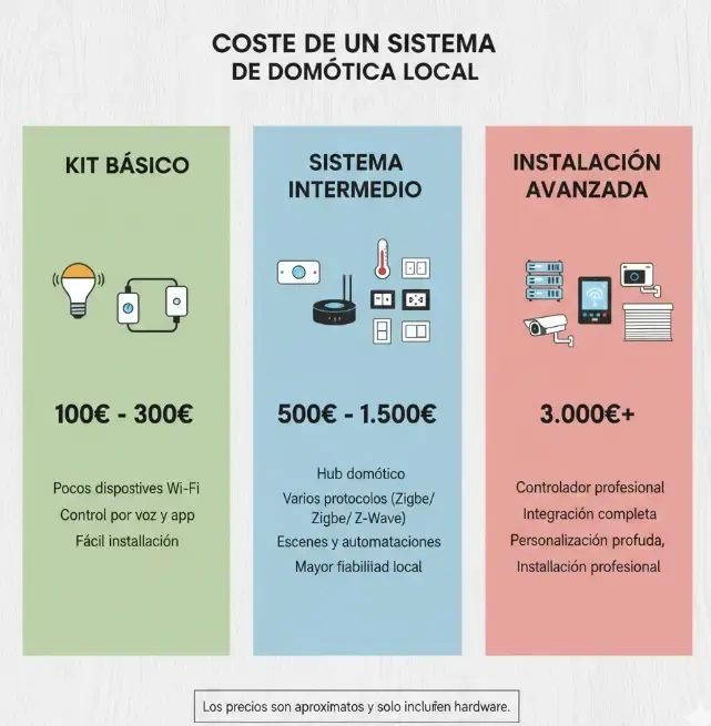 Gráfico visual comparando el coste de un kit básico, un sistema intermedio y una instalación avanzada de domótica local