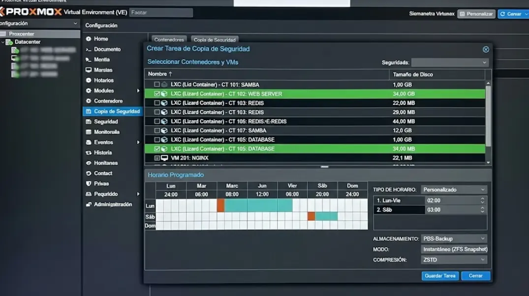 Configuración de tarea de backup en Proxmox mostrando selección de contenedores y horario programado