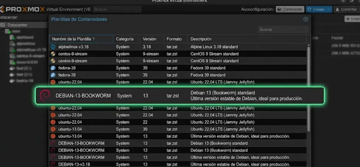 Listado de plantillas de contenedores disponibles en Proxmox con Debian 13 resaltado