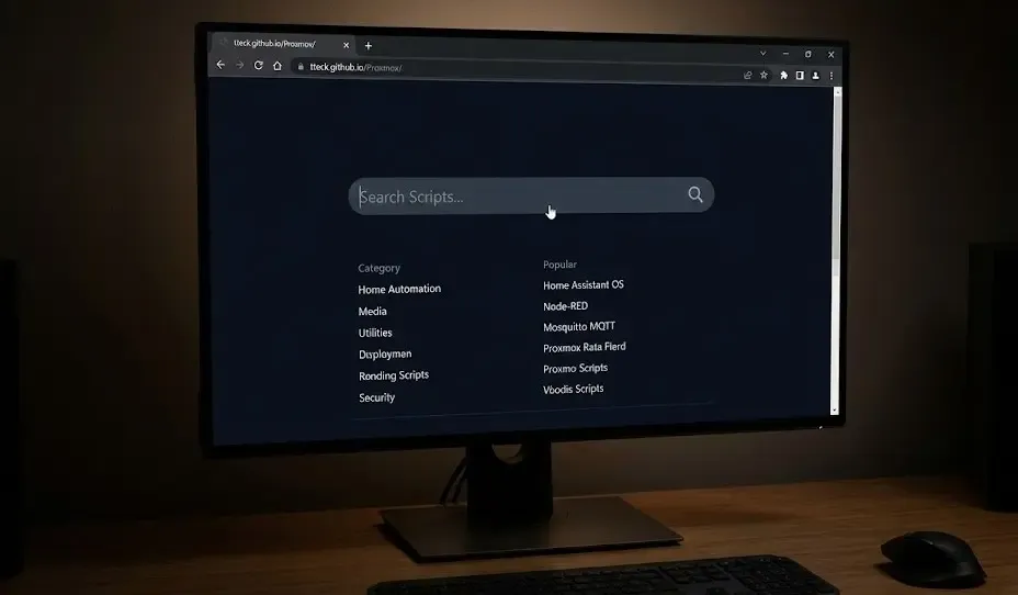 Interfaz web del repositorio Proxmox Helper Scripts (tteck) mostrando el buscador de comandos para instalar Home Assistant y Node-RED.