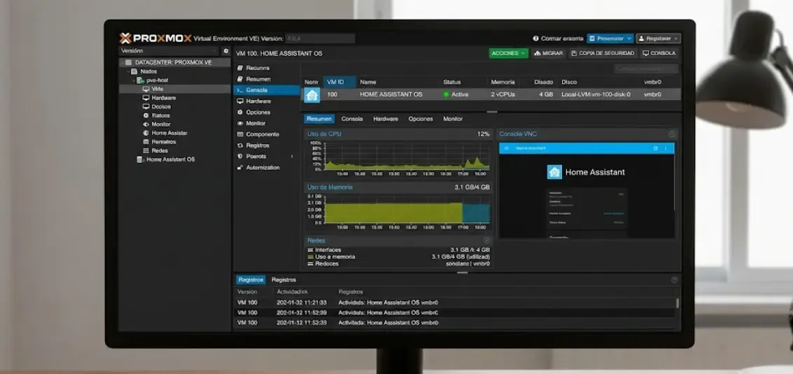 Interfaz de Proxmox mostrando la VM de Home Assistant OS activa