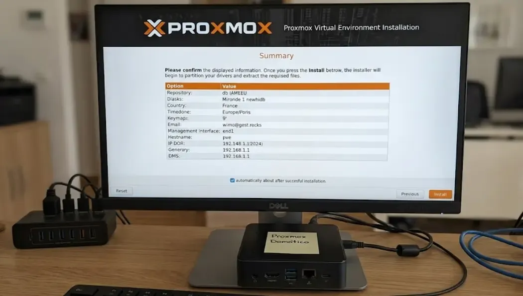 Pantalla de instalación de Proxmox VE en un mini PC domótico