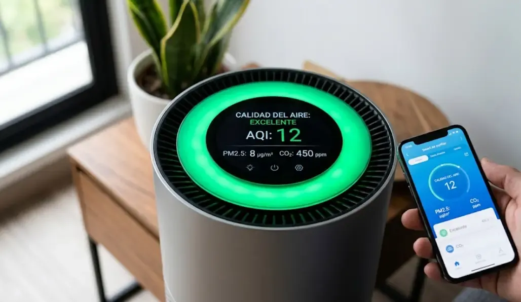 Purificador de aire inteligente mostrando la calidad del aire en una pantalla LED