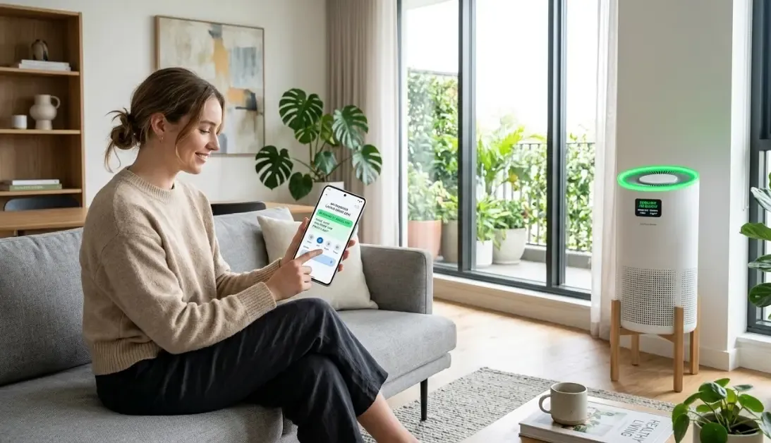 Salón moderno y luminoso con un purificador de aire avanzado de diseño minimalista en una esquina, mostrando un anillo LED verde que indica calidad de aire óptima, mientras el usuario lo controla desde su smartphone.