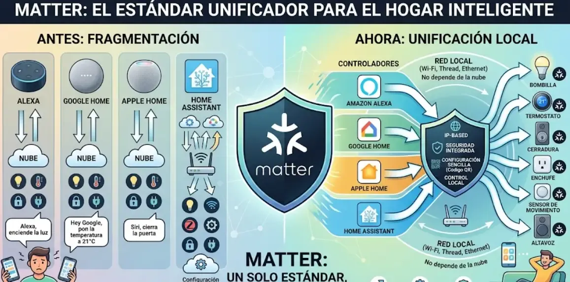 Infografía que muestra cómo Matter unifica diferentes ecosistemas domóticos como Alexa, Google, Apple y Home Assistant en un solo estándar