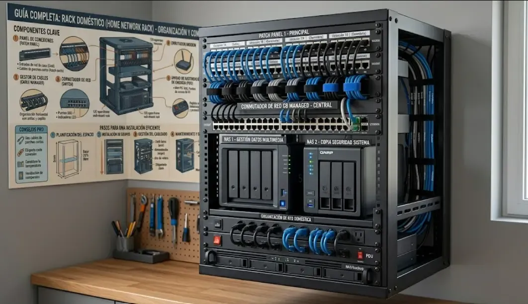 Rack doméstico bien organizado con switch, patch panel y NAS