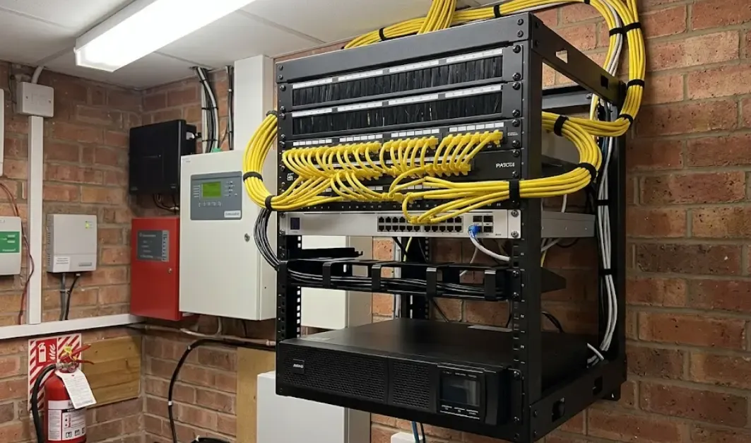 Armario rack de pared abierto mostrando un panel de parcheo con cables amarillos y un SAI en la base.