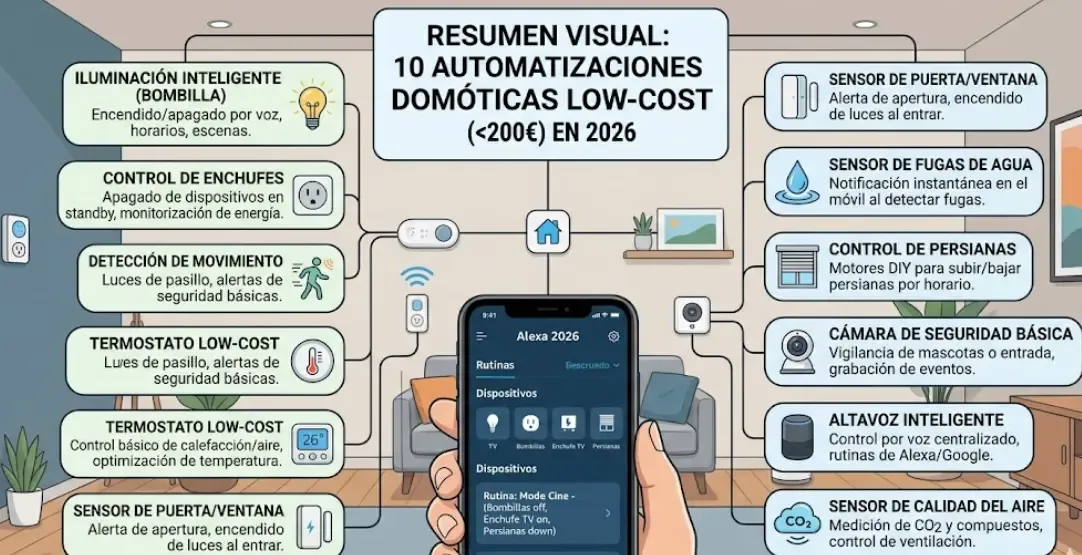 Resumen visual de las 10 automatizaciones domóticas por menos de 200 euros para implementar en 2026
