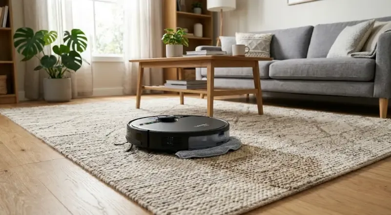 Robot aspirador con módulo de fregado automático elevándose sobre alfombra