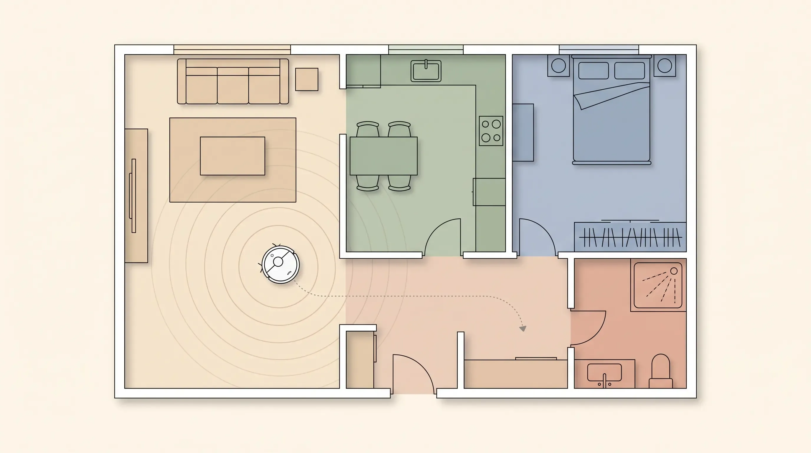 Mapa de casa con habitaciones coloreadas y robot aspirador trabajando en el salón, con líneas de escaneo lidar