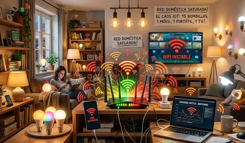 Router doméstico saturado con 15 bombillas WiFi, móvil, portátil y TV: el caos de tener muchos dispositivos IoT en WiFi