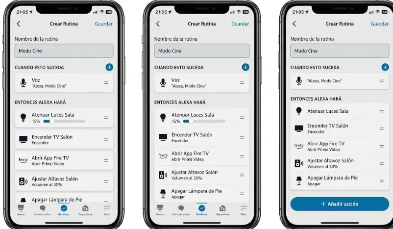 Captura de pantalla de la app de Alexa creando una rutina 'Modo Cine'
