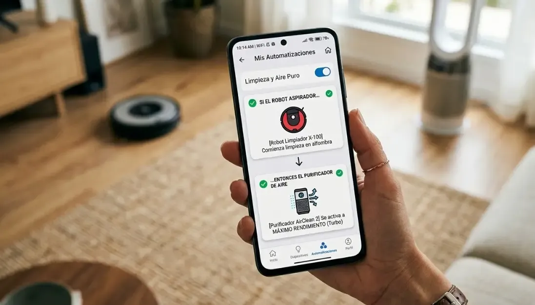 Pantalla de la aplicación móvil mostrando una automatización donde el purificador de aire se activa al máximo rendimiento cuando el robot aspirador comienza a limpiar la alfombra.